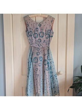 Authentic 1950s Chiffon Floral Overlay Lined A Line Party Dress
